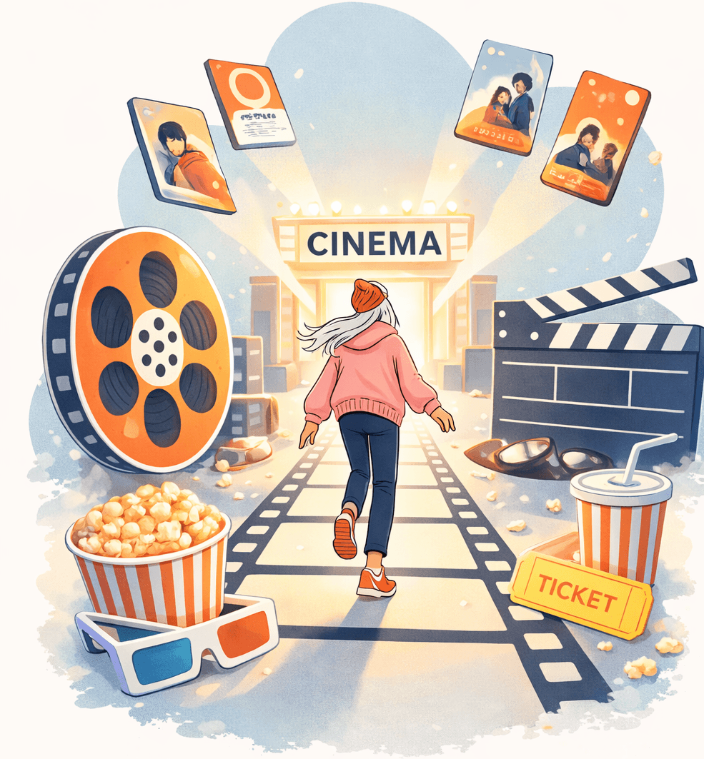 Illustration of a movie lover walking towards a cinema — Matinee movie tracking app